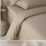 Juostuotas satino medvilnės 140x200 patalynės komplektas BEIGE-LINES