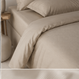 Juostuotas satino medvilnės 140x200 patalynės komplektas BEIGE-LINES